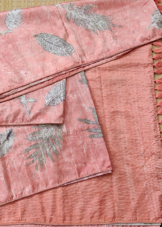 Light Peach Colour Pure Silk Saree With Natural Eco Print All Over Code : KA0337
