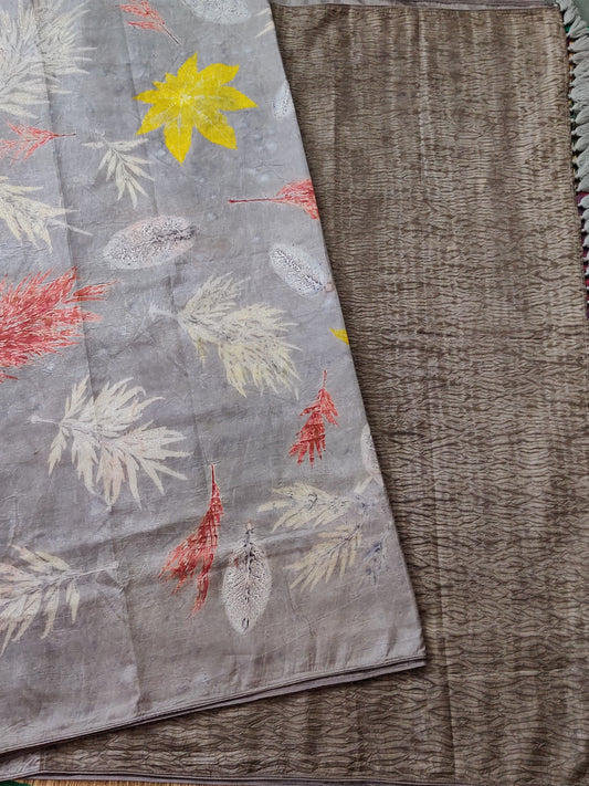 Grey Colour Pure Silk Saree With Natural Eco Print All Over Code : KA0336