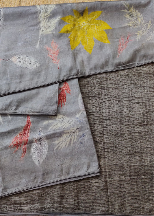 Grey Colour Pure Silk Saree With Natural Eco Print All Over Code : KA0336