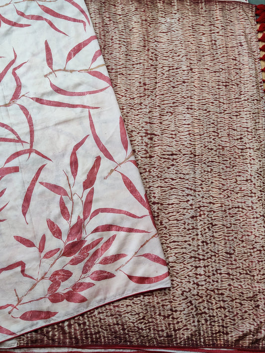 White Colour Pure Silk Saree With Natural Eco Print All Over Code : KA0342