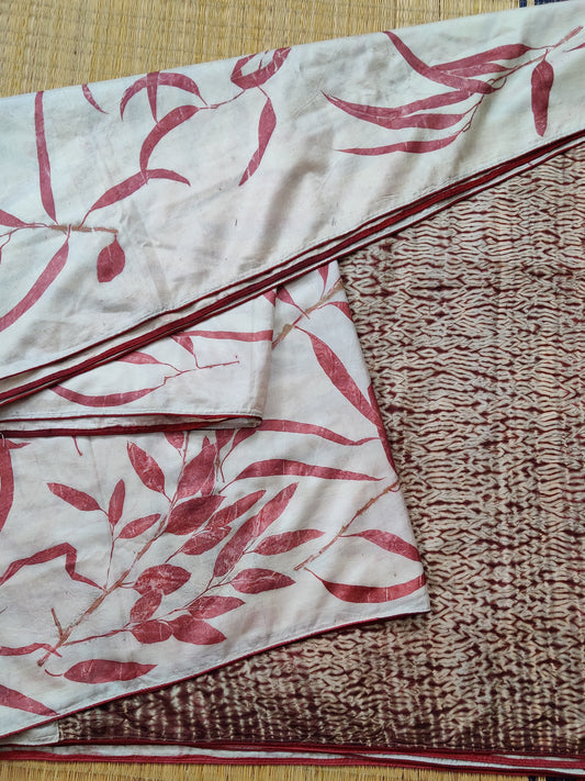 White Colour Pure Silk Saree With Natural Eco Print All Over Code : KA0342