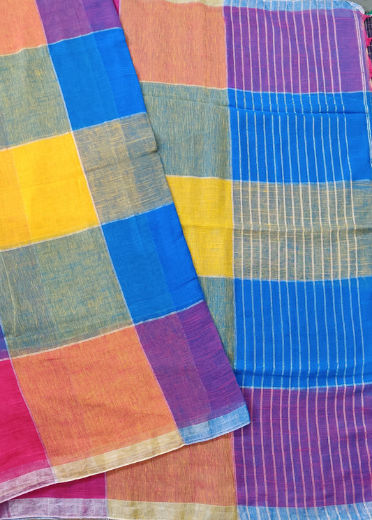 Multi Colour Linen Saree With Plain Body Code : VB0409