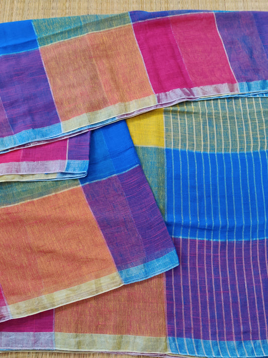 Multi Colour Linen Saree With Plain Body Code : VB0409