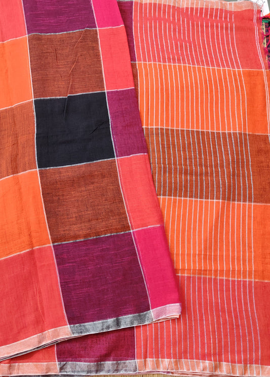 Orange Colour Linen Saree With Plain Body Code : VB0410