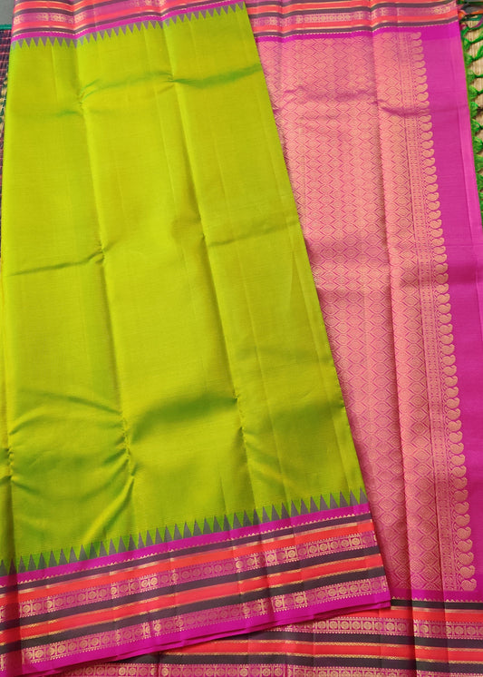 Dual Tone Parrot Green Colour Kanchivaram Silk Zari Stripes All Over Code : KA0350