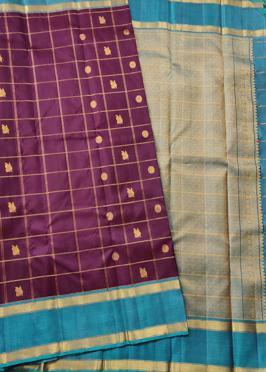 Brown Colour Kanchivaram Silk Saree With Zari Checks & Peacock Zari Motif All Over Code : KA0349