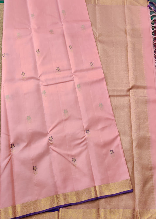 Light Pink Colour Kanchivaram Silk Saree With Zari Floral Motif Body Code : KA0353