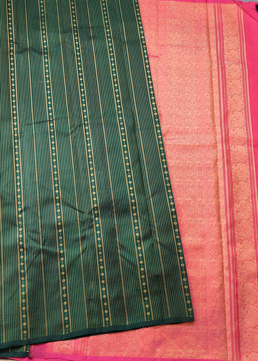 Green Colour Kanchivaram Silk Saree With Zari & Thread Woven Stripes All Over Code : KA0355