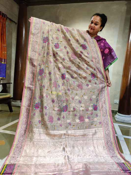 Light Grey Colour Tissue Organza Silk Saree With Cross Stich Embroidery All Over Code : VB0415