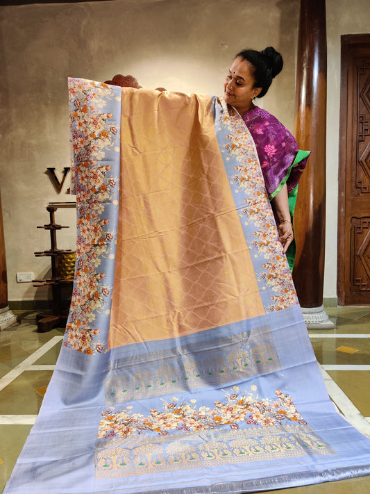 Peach Colour Gadwal Silk Saree With Zari Motif All Over Code : GA012