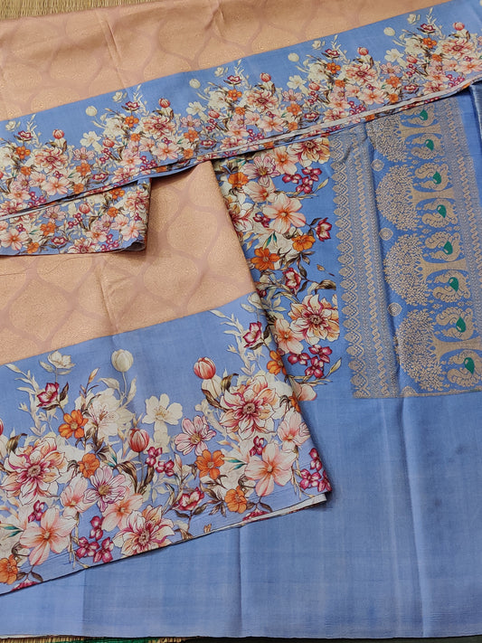 Peach Colour Gadwal Silk Saree With Zari Motif All Over Code : GA012