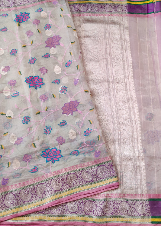 Light Grey Colour Tissue Organza Silk Saree With Cross Stich Embroidery All Over Code : VB0415