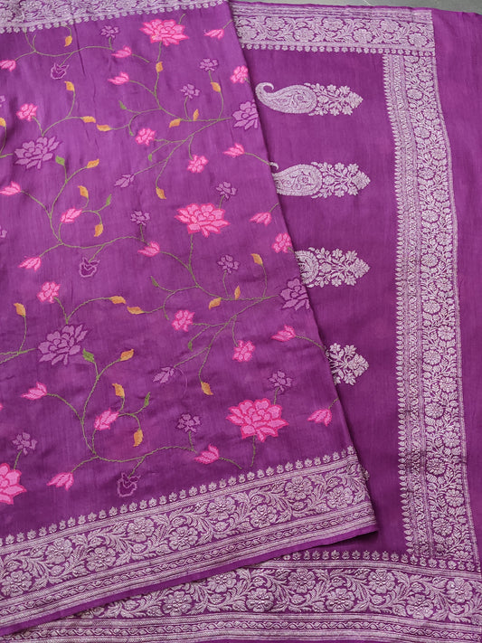 Purplr Colour Muga Silk Saree With Embroidery All Over Code : VB0414