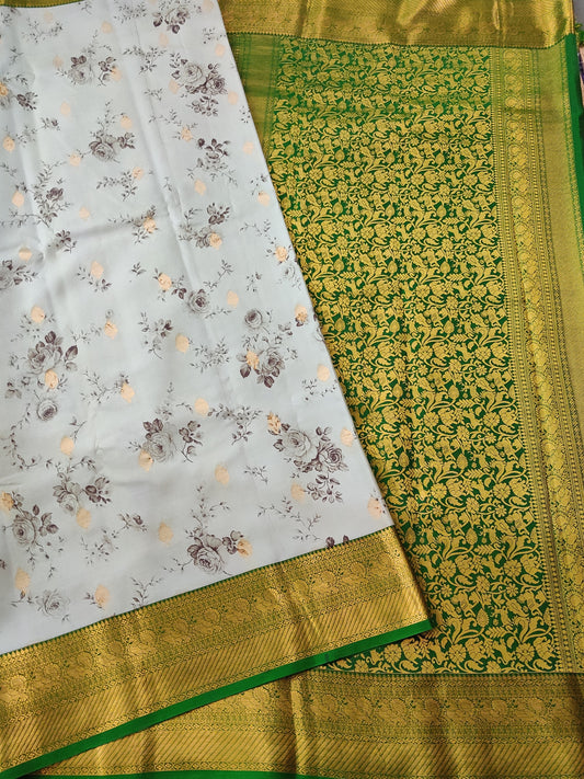 Light Pastel Green Colour Kanchivaram Silk Saree With Floral Digital Print & Zari Butta All Over Code : KA0361