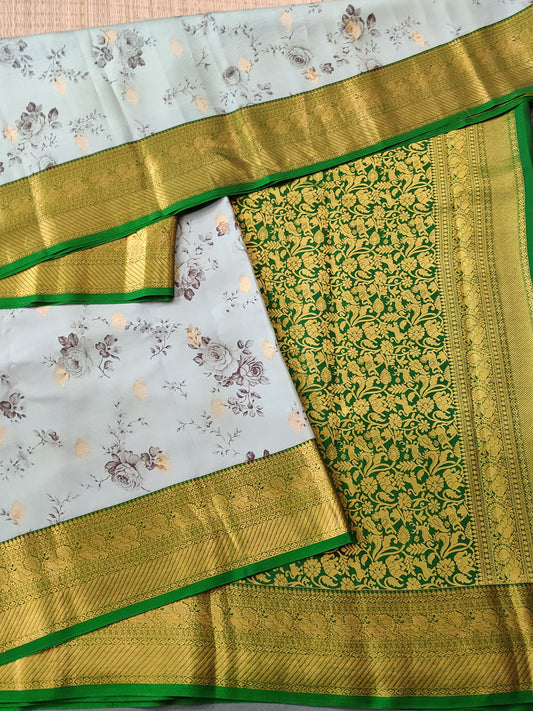 Light Pastel Green Colour Kanchivaram Silk Saree With Floral Digital Print & Zari Butta All Over Code : KA0361