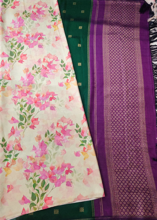 Cream Colour Borderless Kanchivarm Silk Saree With Bougainvillea Flowers Digital Print All Over Code : KA0364