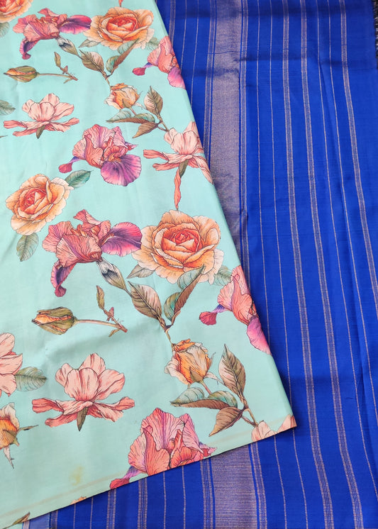 Sea Blue Colour Borderless Kanchivaram Silk Saree With Floral Digital Print All Over Code : KA0365