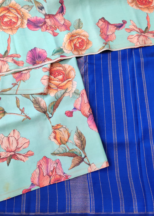 Sea Blue Colour Borderless Kanchivaram Silk Saree With Floral Digital Print All Over Code : KA0365