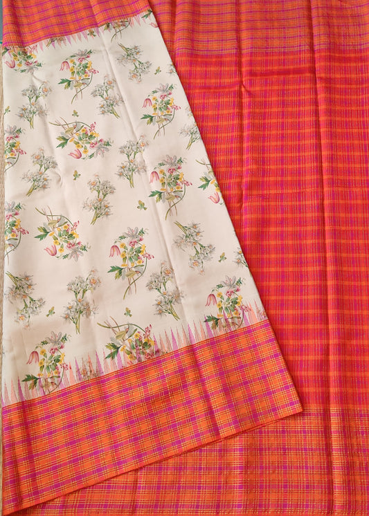 Cream Colour Kanchivram Silk Saree With Floral Digital Print All Over Code : KA0366