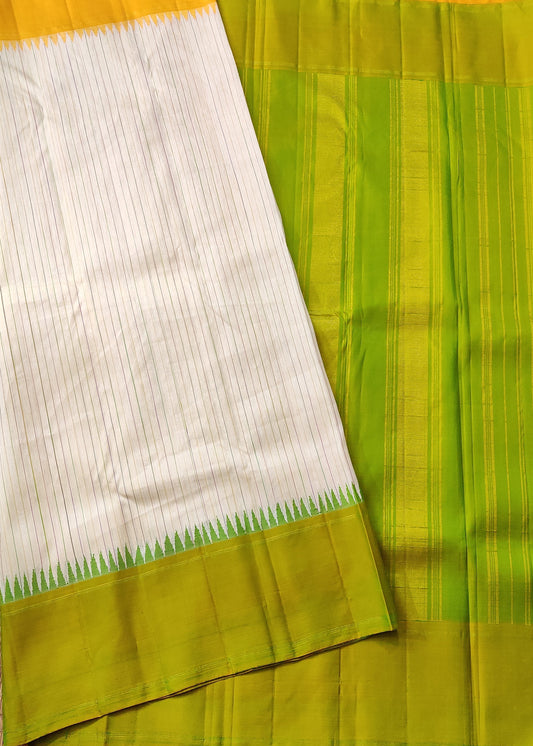 Cream Colour Linen Kanchivaram Silk Saree With Thread Woven Stripes Body Code : KA0370