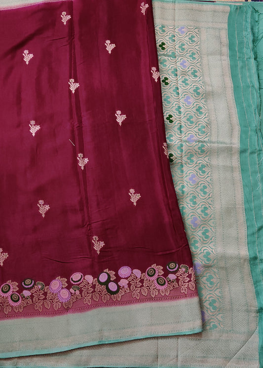 Wine Colour Semi Mashru Saree With Floral Motif All Over Code : VB0436