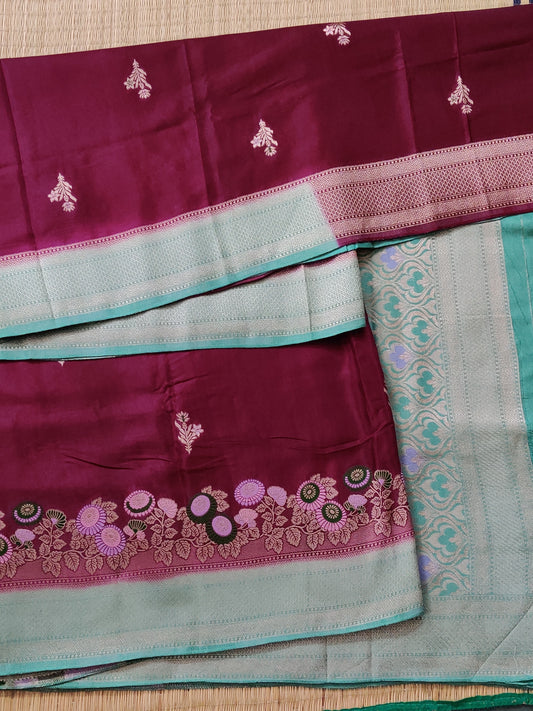 Wine Colour Semi Mashru Saree With Floral Motif All Over Code : VB0436