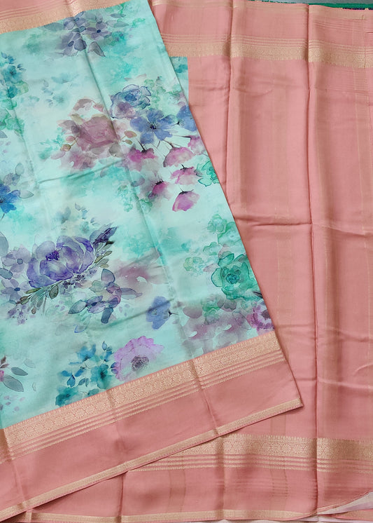 Sea Blue Colour Semi Mysore Crepe Silk Saree With Digital Floral Print All Over Code : VB0446