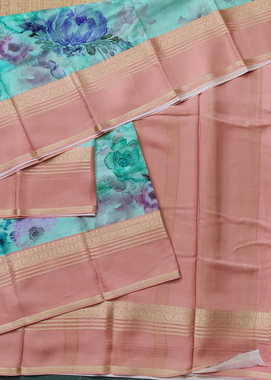 Sea Blue Colour Semi Mysore Crepe Silk Saree With Digital Floral Print All Over Code : VB0446