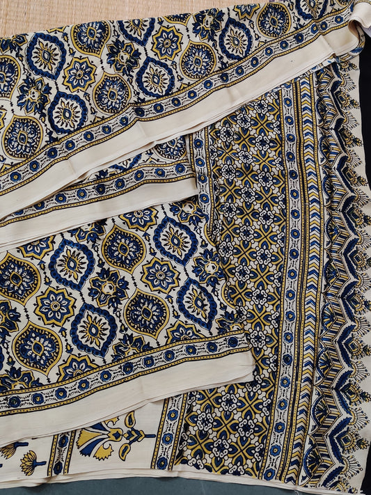 Off White Colour Modal Silk Saree With Ajakh Print All Over : VB0460