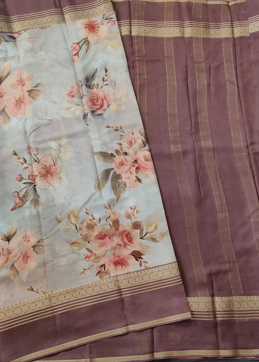 Light Beige Colour Semi Mysore Crepe Silk Saree With Floral Print All Over Code : VB0447
