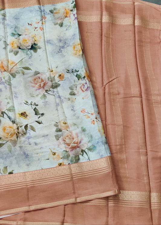 Light Pista Green Colour Semi Mysore Crepe Silk Saree With Floral Digital Print All Over Code : VB0448