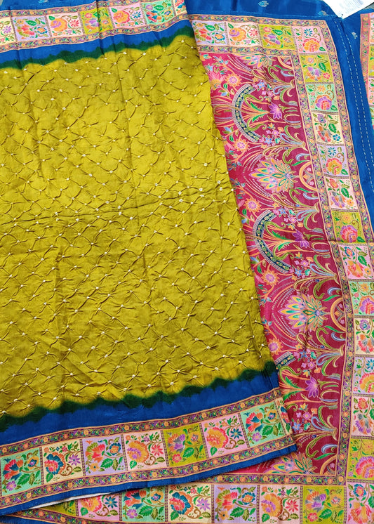 Mehandi Green Colour Semi Matka Gatchola Saree With Hand Bandhini All Over : VB0453