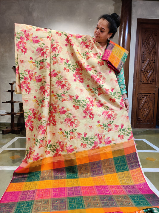 Cream olour Borderless Kanchivaram Silk Saree With Bougainvillea Digital Print All Over Code : KA0397