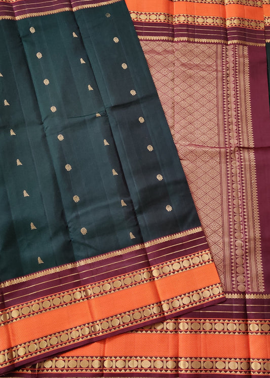 Dark Bottle Green Colour Kanchivaram Silk Saree With Zari Butta All Over : KA0385