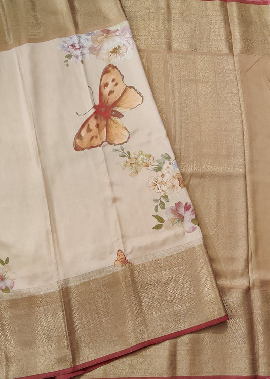 Cream Colour Ikkat Silk Saree With Digital Print All Over Code : IK031