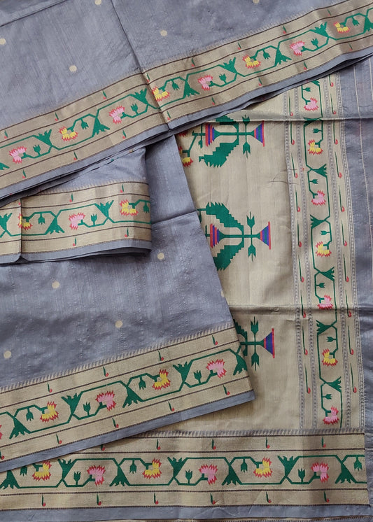 Grey Colour Semi Paithani Saree With Zari Butta Sll Over Code : VB0473