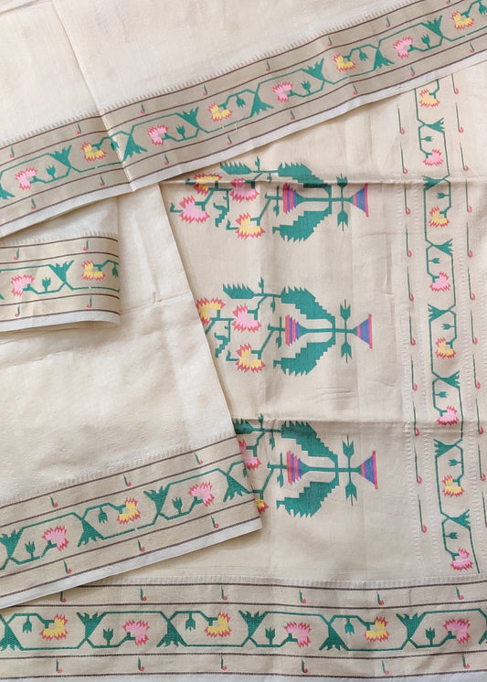 White Colour Semi Paithani Saree With Zari Butta All Over : VB0472