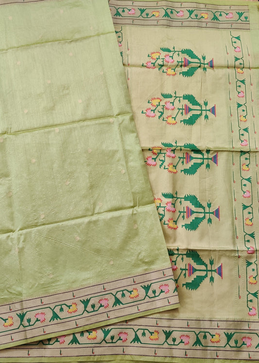 Parrot Green Colour Semi Paithani Saree With Zari Butta All Over : VB0475