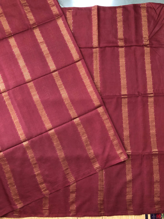 Maroon  Colour Semi Banarasi Saree With Zari & Sequin Stripes All Over