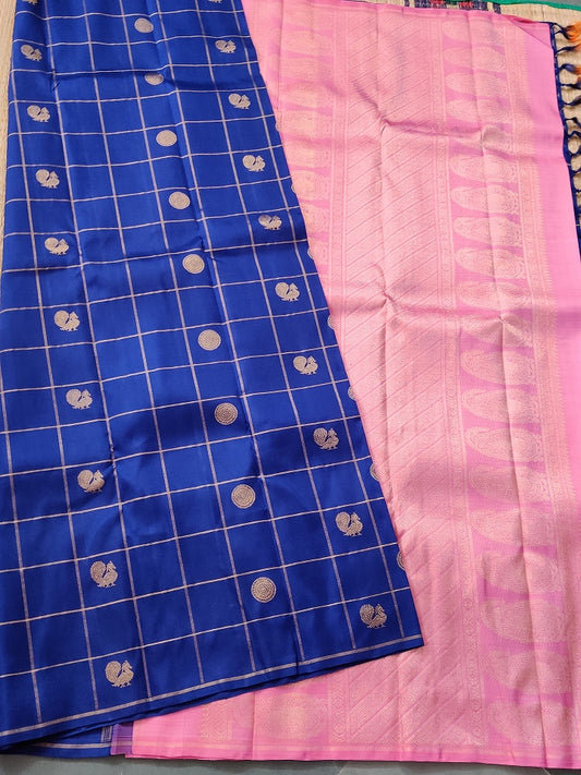 Blue Colour Kanchivaram Silk Saree With Checks Motif All Over