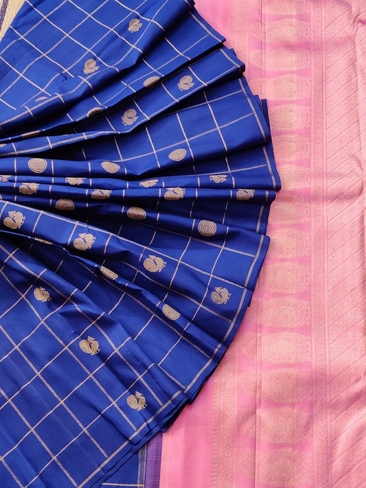 Blue Colour Kanchivaram Silk Saree With Checks Motif All Over