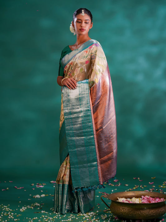 Gold Colour Kanchivaram Silk & Kota Banarasi Fusion Saree Code : VB0356