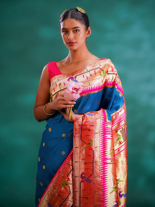 Peacock Blue Colour Kanchivaram & Pure Paithani Fusion Saree