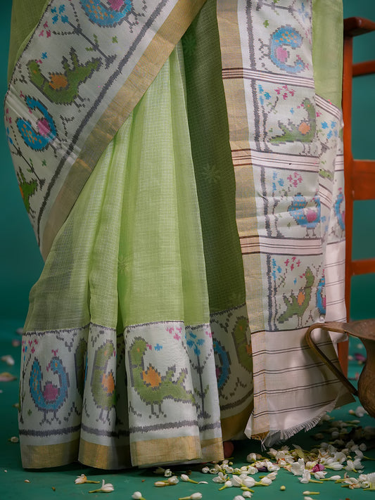 Pastel Green Colour Kota & Ikkat Fusion Saree With Embroider All Over Code : IK008