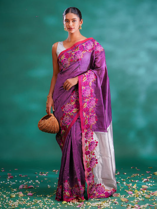 Purple Colour Chanderi Silk With Cross Stitch Work