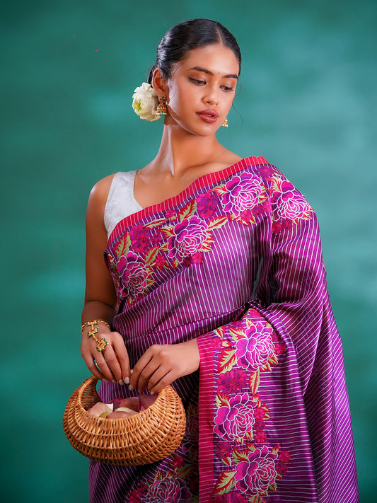 Purple Colour Chanderi Silk With Cross Stitch Work