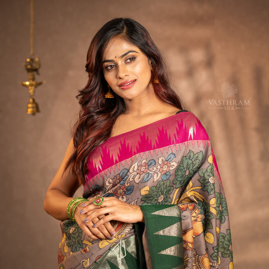 Grey Kanchivaram silk saree with kalamkari work all over