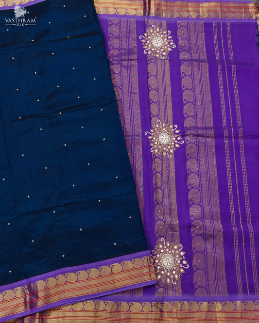 Peacock green colour silk cotton saree with peads & pearls all over