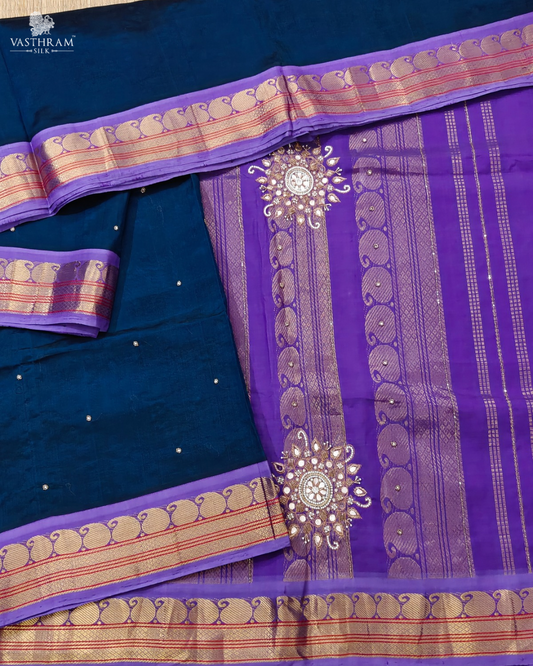 Peacock green colour silk cotton saree with peads & pearls all over