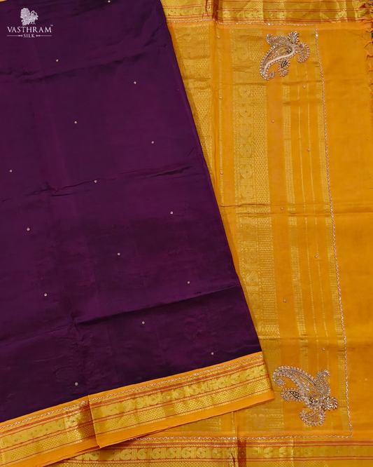 Magenta colour silk cotton saree with beads all over